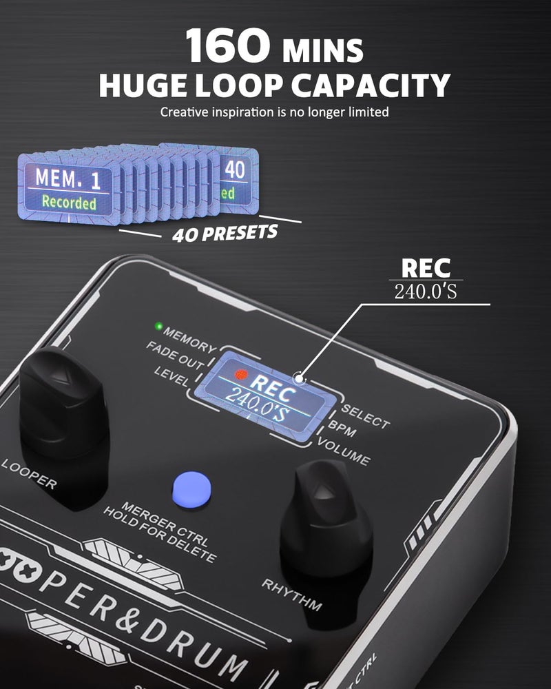 STRICH Stereo Looper Pedal Guitar Pedal with Built-in Drum Machine, 100 Diverse Drum Patterns, 160 Minutes Recording Time, USB for Audio Upload or Download, Support Footswitch Control - Image 3